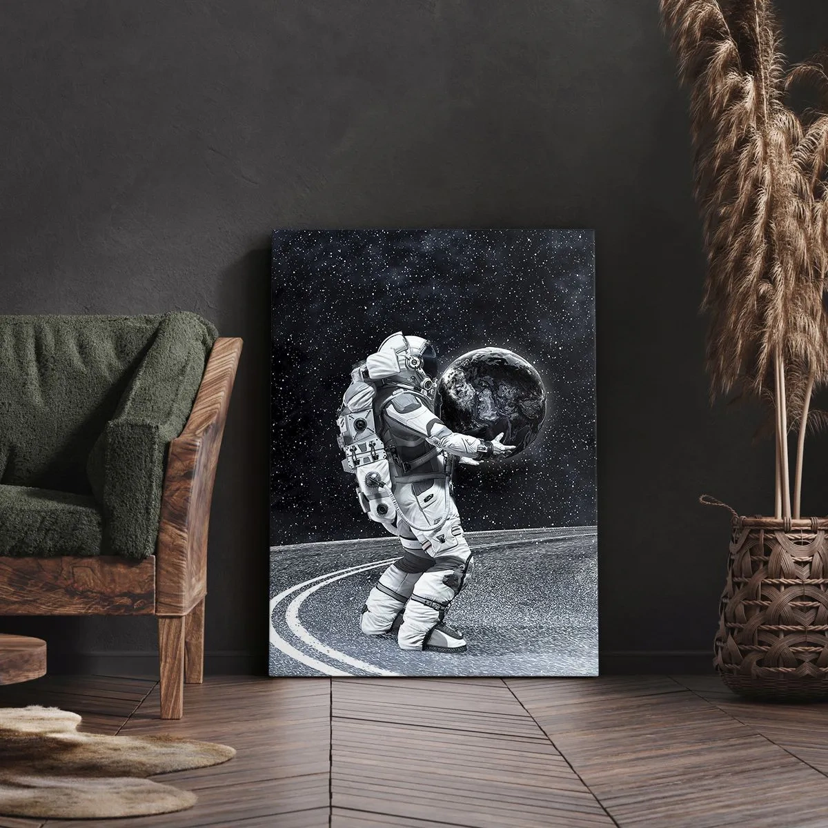 Cuadro sobre lienzo - Impresión de Imagen - Astronauta con la Tierra contra el cielo estrellado - 70x100cm - En la Vía Láctea - Decoración de pared moderna para salón y dormitorio ARTTOR
