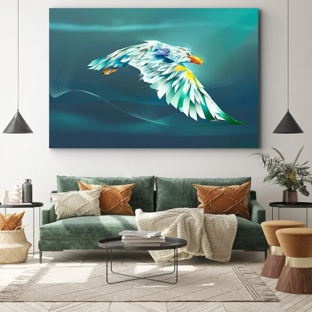 Cuadro sobre lienzo - Impresión de Imagen - Águila abstracta en vuelo contra un cielo turquesa - 100x70cm - El poder del vuelo del águila - Decoración de pared moderna para salón y dormitorio ARTTOR