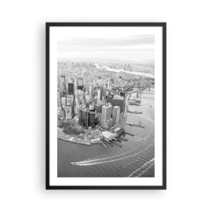 Póster en marco negro - Un panorama en blanco y negro de la ciudad con vista al agua. - 50x70cm - ¿Cómo no amar este lugar? - Decoración de pared moderna para salón y dormitorio ARTTOR