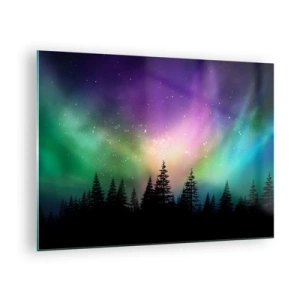 Cuadro sobre vidrio - Impresiones sobre Vidrio - Bosque de noche bajo la colorida aurora boreal - 70x50cm - Magia blanca - Decoración de pared moderna para salón y dormitorio ARTTOR
