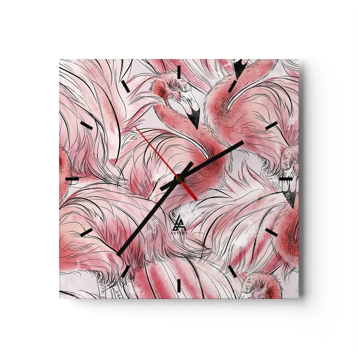 Reloj de pared - Reloj de vidrio - Delicados dibujos de flamencos rosados - 30x30cm - Ballet de aves - Decoración de pared moderna para salón y dormitorio ARTTOR