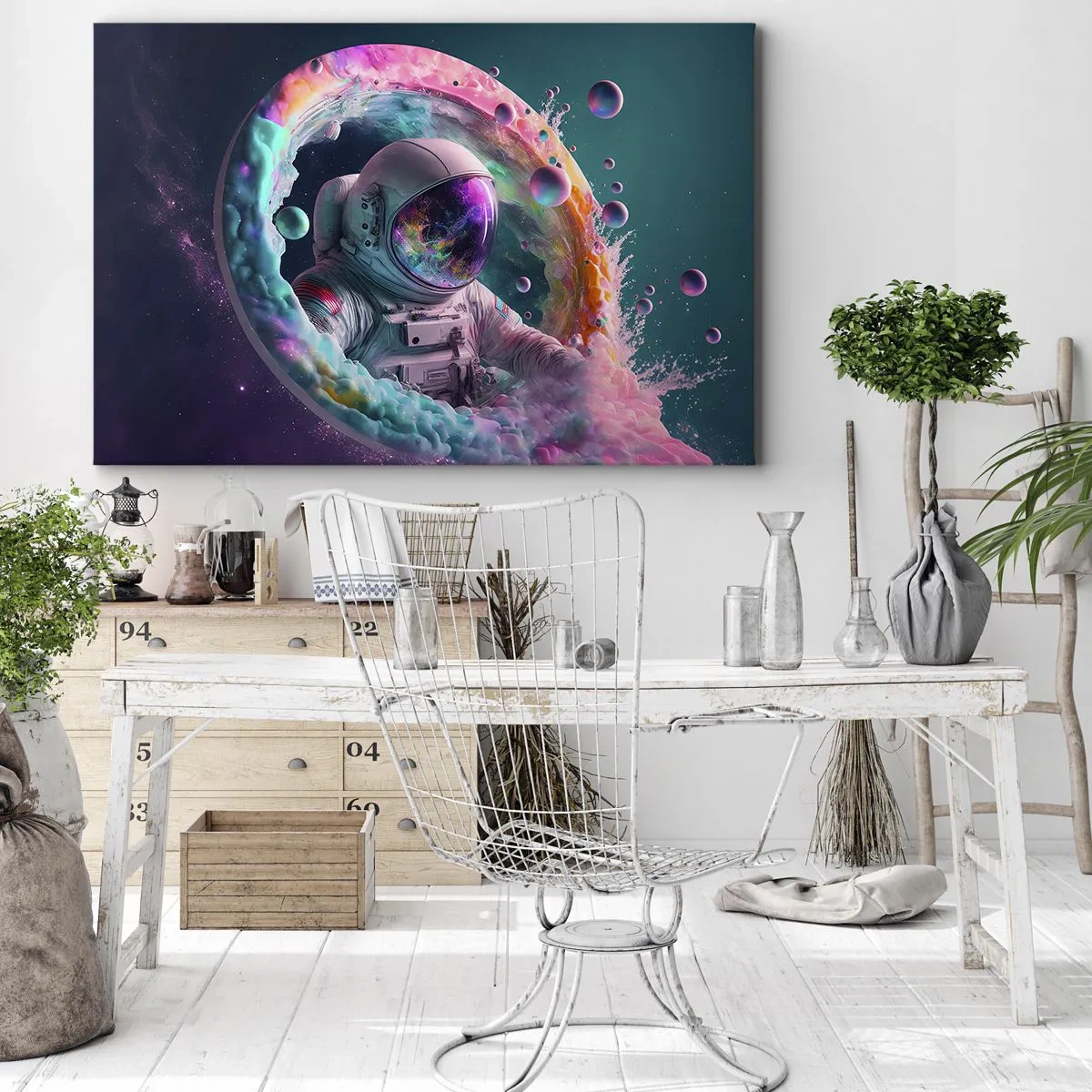 Cuadro sobre lienzo - Impresión de Imagen - Astronauta en un aura cósmica colorida - 70x50cm - Puerta estelar - Decoración de pared moderna para salón y dormitorio ARTTOR