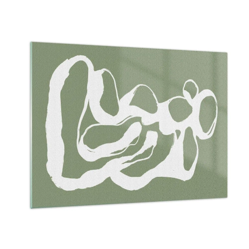 Cuadro sobre vidrio - Impresiones sobre Vidrio - Forma orgánica abstracta blanca sobre un fondo oliva - 70x50cm - La llamada del espacio - Decoración de pared moderna para salón y dormitorio ARTTOR