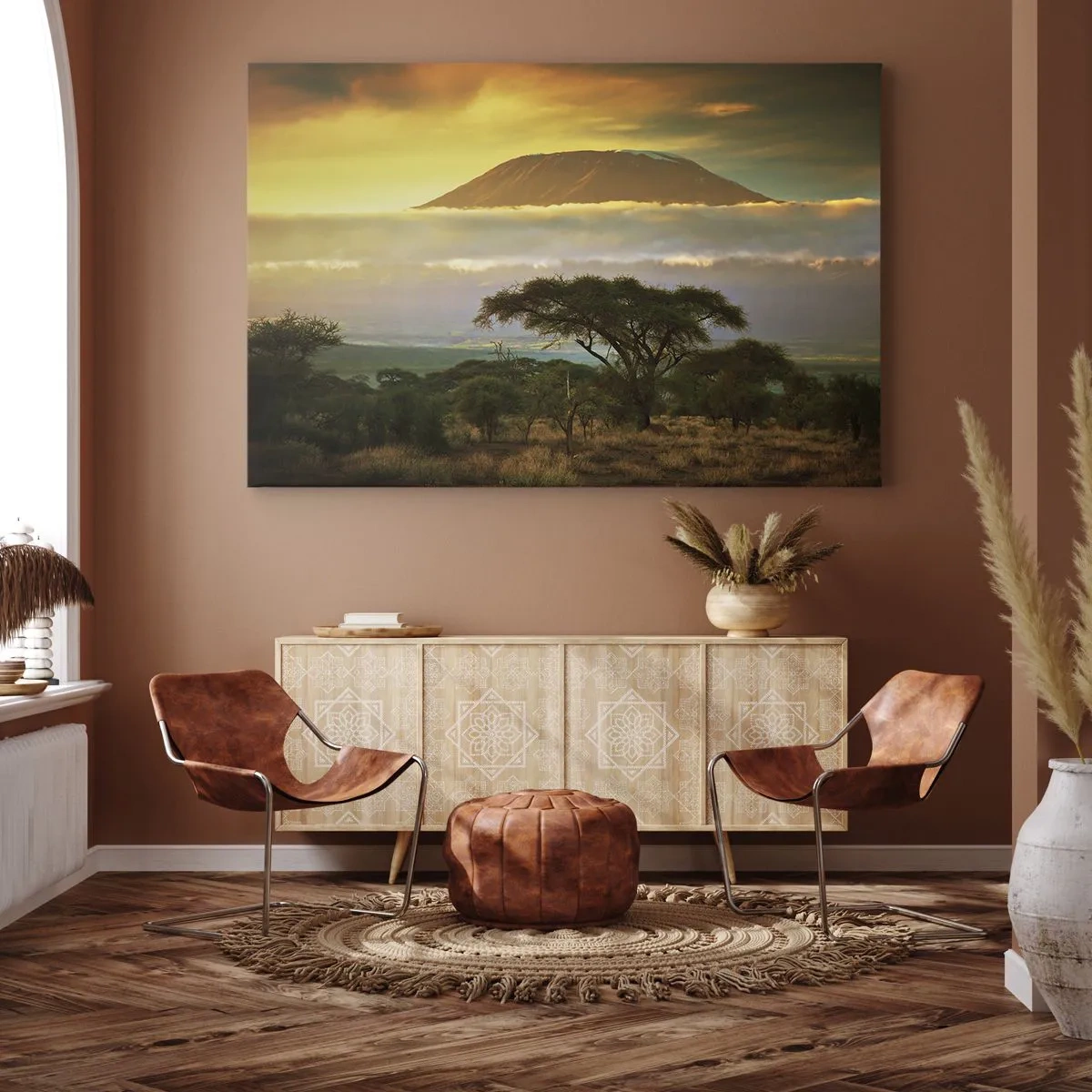 Cuadro sobre lienzo - Impresión de Imagen - Paisaje africano con el Kilimanjaro al amanecer - 100x70cm - El sueño del viajero - Decoración de pared moderna para salón y dormitorio ARTTOR
