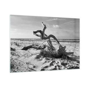 Cuadro sobre vidrio - Impresiones sobre Vidrio - Un paisaje en blanco y negro con una rama caída en una playa. - 100x70cm - Escultura marina - Decoración de pared moderna para salón y dormitorio ARTTOR