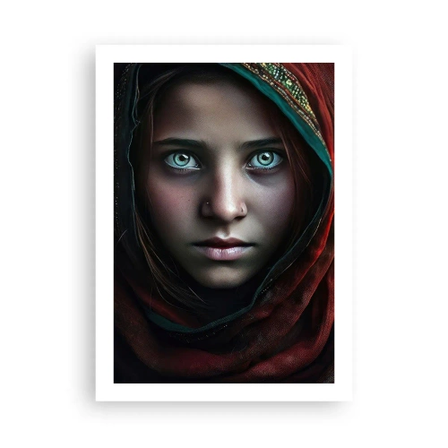 Póster - Retrato de una niña con un chal rojo y ojos hipnotizantes. - 50x70cm - Princesa del Este - Decoración de pared moderna para salón y dormitorio ARTTOR