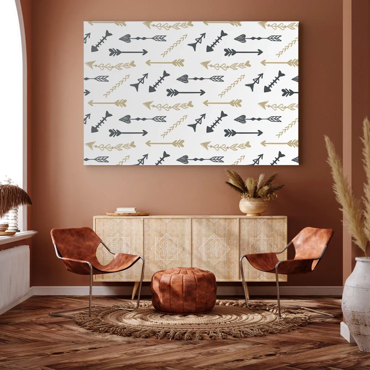 Cuadro sobre lienzo - Impresión de Imagen - Un patrón minimalista con flechas en colores beige y gris. - 100x70cm - El sueño de un arquero - Decoración de pared moderna para salón y dormitorio ARTTOR