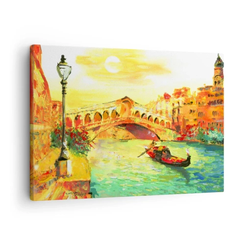 Cuadro sobre lienzo - Impresión de Imagen - Un pintoresco puente sobre el canal con una góndola a la luz del sol poniente. - 70x50cm - Peregrinación de los amantes - Decoración de pared moderna para salón y dormitorio ARTTOR