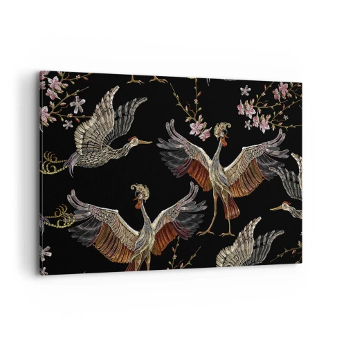 Cuadro sobre lienzo - Impresión de Imagen - Grullas y flores elegantes sobre un fondo negro. - 120x80cm - Aves de cuento de hadas - Decoración de pared moderna para salón y dormitorio ARTTOR