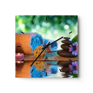 Reloj de pared - Reloj de vidrio - Set de SPA relajante con toallas, velas y piedras - 30x30cm - Tiempo para el cuerpo - Decoración de pared moderna para salón y dormitorio ARTTOR