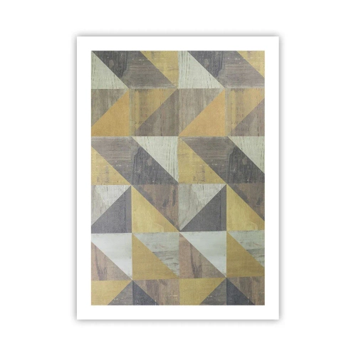 Póster - Patrón geométrico en tonos dorados y grises. - 50x70cm - El arte de los triángulos - Decoración de pared moderna para salón y dormitorio ARTTOR