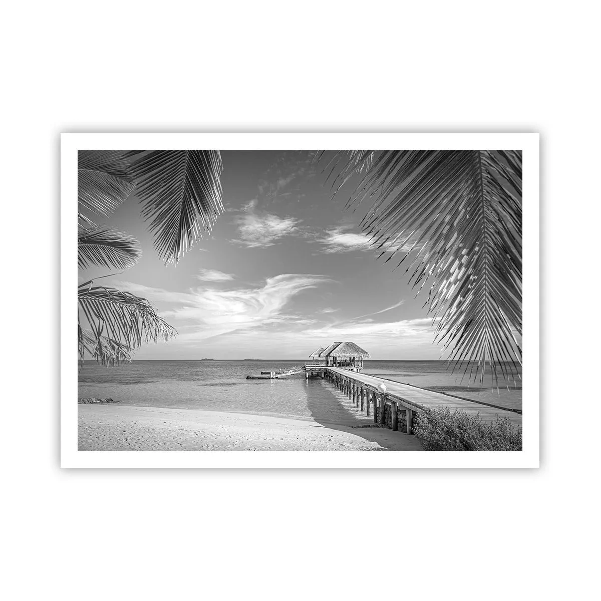 Póster - Playa blanca y negra con muelle y palmeras en una costa tropical - 100x70cm - ¿Un recuerdo o un sueño? - Decoración de pared moderna para salón y dormitorio ARTTOR