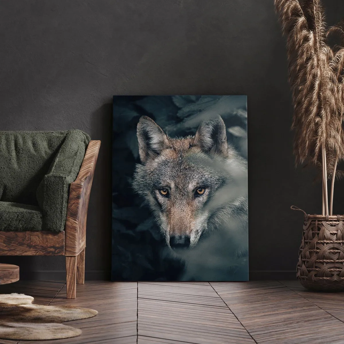 Cuadro sobre lienzo - Impresión de Imagen - Un lobo en su entorno natural, mirando desde las profundidades del bosque. - 50x70cm - Cazador - Decoración de pared moderna para salón y dormitorio ARTTOR
