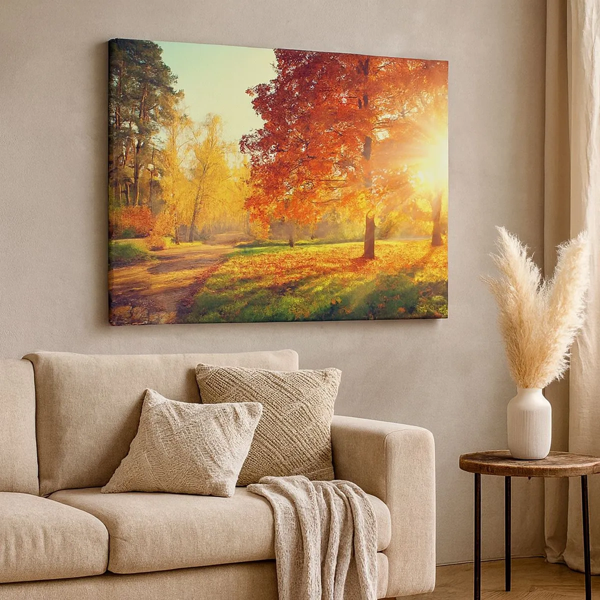 Cuadro sobre lienzo - Impresión de Imagen - Parque otoñal iluminado por la luz del sol - 70x50cm - El rojo es hermoso - Decoración de pared moderna para salón y dormitorio ARTTOR