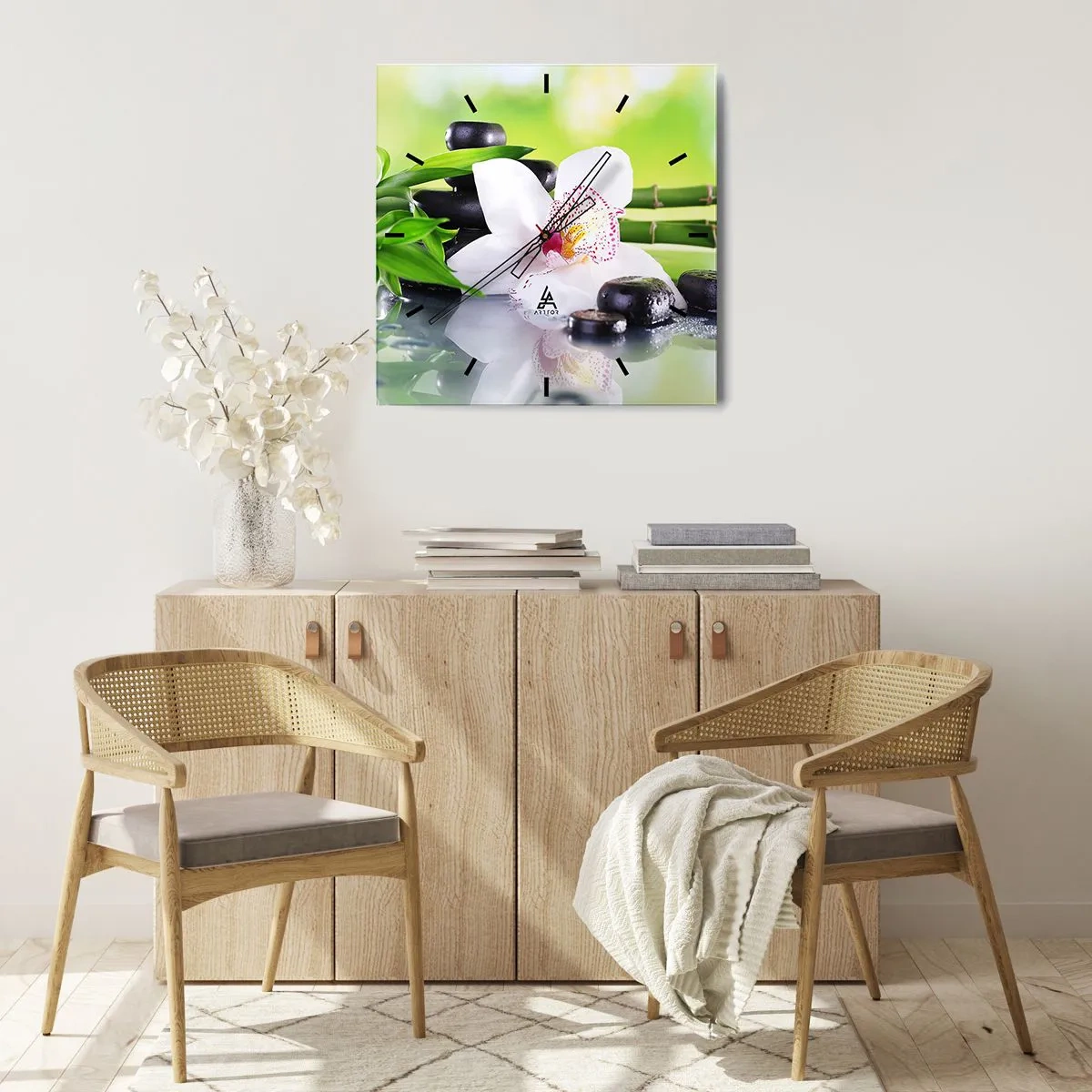 Reloj de pared - Reloj de vidrio - Orquídea, piedras y bambú en una armoniosa composición de spa. - 30x30cm - Frescura - Decoración de pared moderna para salón y dormitorio ARTTOR