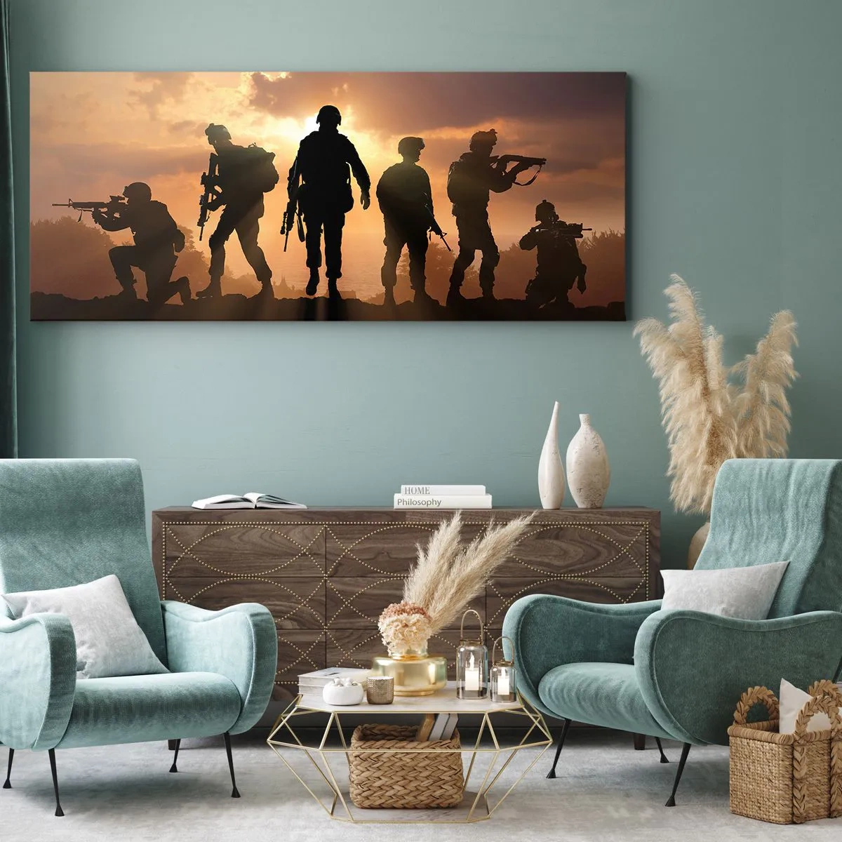 Cuadro sobre lienzo - Impresión de Imagen - Soldados con el sol poniente como telón de fondo en un entorno dinámico. - 160x50cm - Hermanos de armas - Decoración de pared moderna para salón y dormitorio ARTTOR