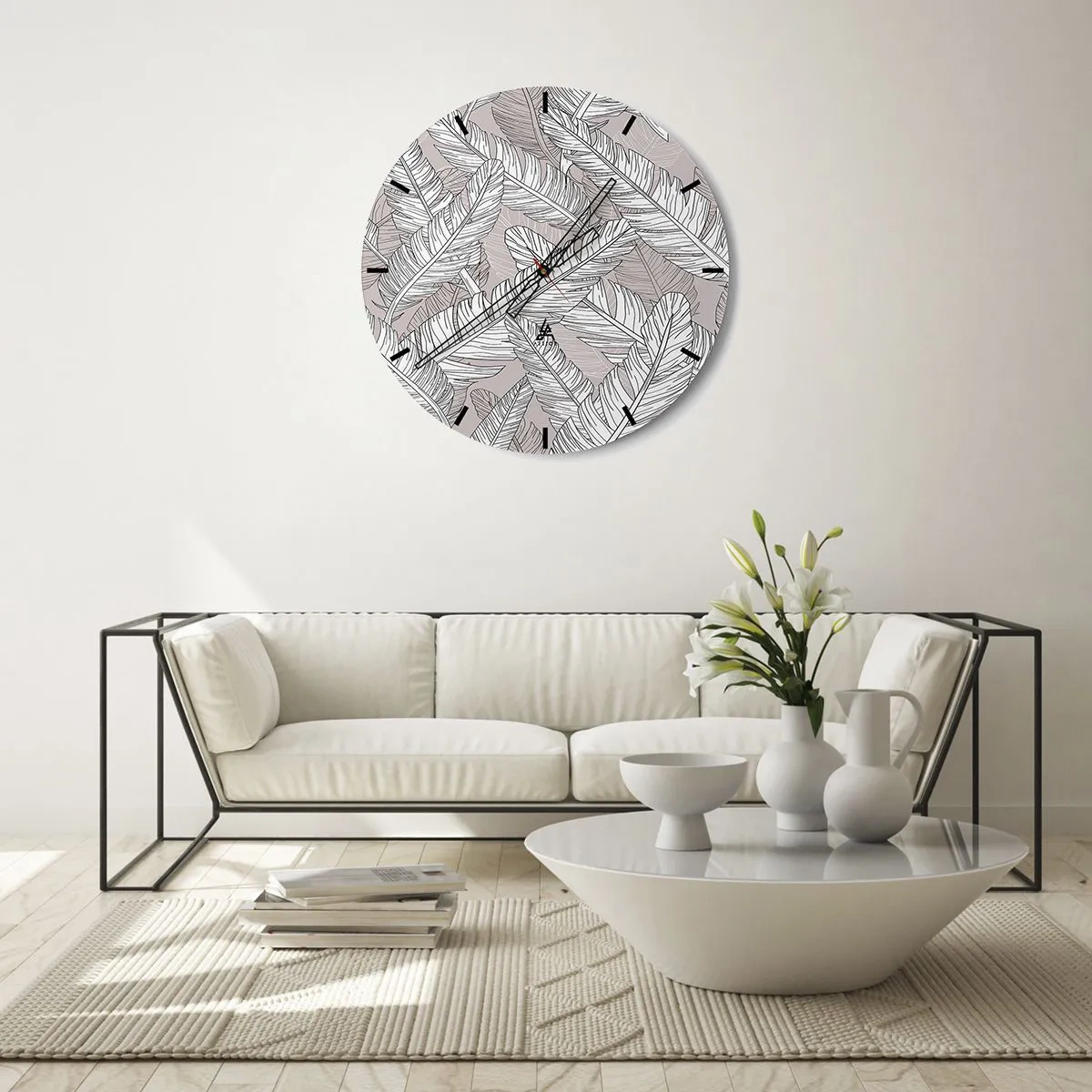 Reloj de pared - Reloj de vidrio - Hojas de plátano en blanco y negro sobre un fondo claro - 30x30cm - Turbulencias de plumas - Decoración de pared moderna para salón, cocina y dormitorio ARTTOR