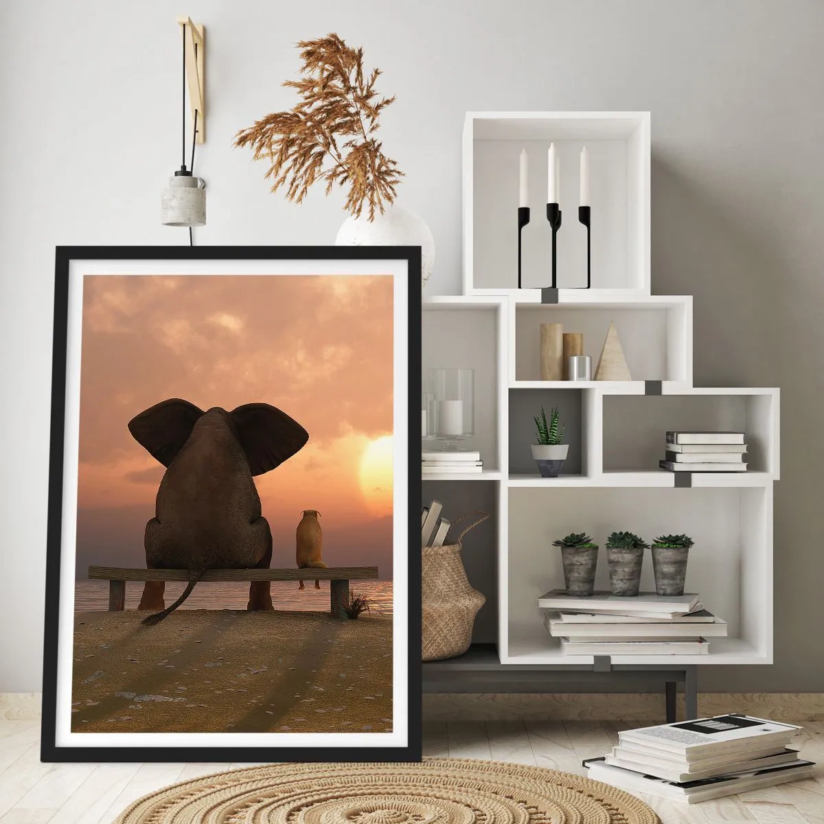 Póster en marco negro - Elefante y perro en un banco al atardecer - 50x70cm - Es bueno estar en silencio juntos - Decoración de pared moderna para salón y dormitorio ARTTOR