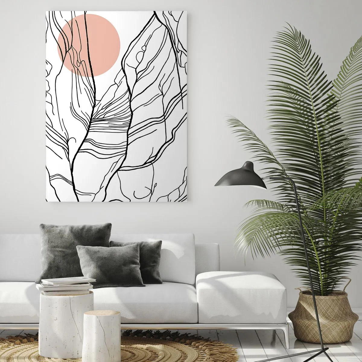 Cuadro sobre vidrio - Impresiones sobre Vidrio - Líneas sombreadas de ramas con un sol beige - 50x70cm - En una red de ramas - Decoración de pared moderna para salón y dormitorio ARTTOR