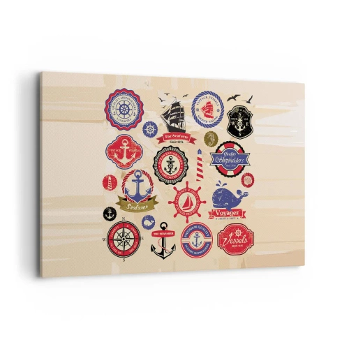 Cuadro sobre lienzo - Impresión de Imagen - Una colección de gráficos y símbolos náuticos sobre un fondo claro. - 120x80cm - Una fraternidad del mar - Decoración de pared moderna para salón y dormitorio ARTTOR
