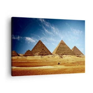 Cuadro sobre lienzo - Impresión de Imagen - Las pirámides de Giza contra un cielo azul y un paisaje desértico. - 70x50cm - 40 siglos te observan - Decoración de pared moderna para salón y dormitorio ARTTOR