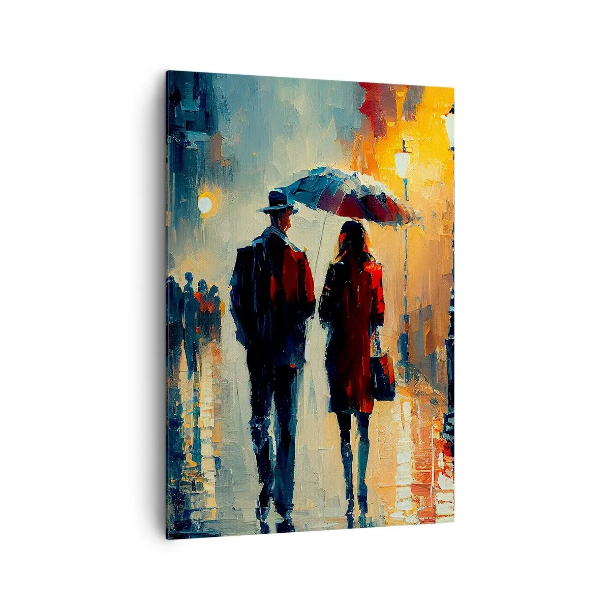 Cuadro sobre lienzo - Impresión de Imagen - Caminando bajo la lluvia bajo un paraguas en la ciudad por la noche. - 70x100cm - Historia de amor urbana - Decoración de pared moderna para salón y dormitorio ARTTOR