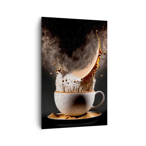 Cuadro sobre lienzo - Impresión de Imagen - Una taza de café con una explosión dinámica de líquido sobre un fondo negro. - 80x120cm - Una explosión de sabor - Decoración de pared moderna para salón y dormitorio ARTTOR