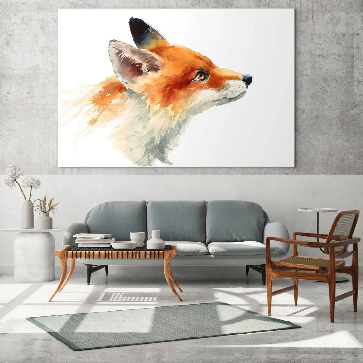 Cuadro sobre vidrio - Impresiones sobre Vidrio - Ilustración en acuarela de un zorro mirando a la distancia. - 100x70cm - Nunca se es demasiado cuidadoso - Decoración de pared moderna para salón y dormitorio ARTTOR