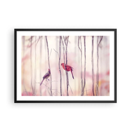 Póster en marco negro - Una pareja de cardenales posados en las ramas en un paisaje pastel. - 70x50cm - Historia de un bosque rosa - Decoración de pared moderna para salón y dormitorio ARTTOR