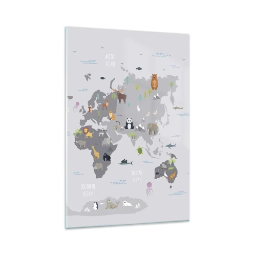 Cuadro sobre vidrio - Impresiones sobre Vidrio - Un mapa del mundo con ilustraciones de animales sobre un fondo gris. - 80x120cm - Dime de dónde eres... - Decoración de pared moderna para salón y dormitorio ARTTOR