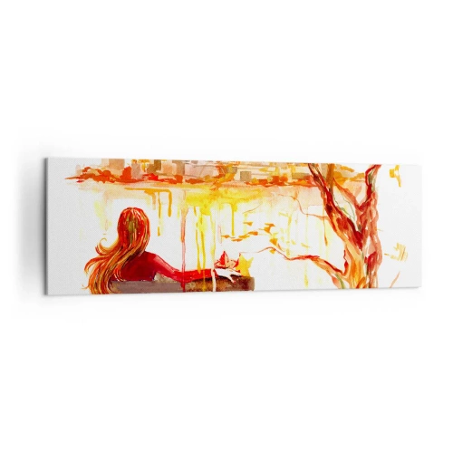 Cuadro sobre lienzo - Impresión de Imagen - Escena de acuarela de una mujer en un banco con vistas a la ciudad. - 160x50cm - Un momento de reflexión - Decoración de pared moderna para salón y dormitorio ARTTOR
