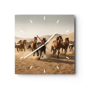 Reloj de pared - Reloj de vidrio - Caballos al galope contra un fondo desértico - 30x30cm - Libre como el viento - Decoración de pared moderna para salón y dormitorio ARTTOR
