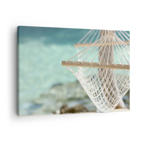 Cuadro sobre lienzo - Impresión de Imagen - Una hamaca con vistas al agua turquesa. - 70x50cm - Momento de relax - Decoración de pared moderna para salón y dormitorio ARTTOR