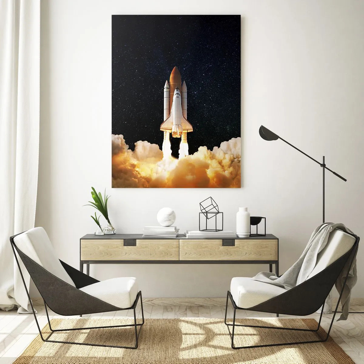 Cuadro sobre vidrio - Impresiones sobre Vidrio - Un transbordador espacial despegando contra un cielo estrellado. - 50x70cm - ¡Ad astra! - Decoración de pared moderna para salón y dormitorio ARTTOR