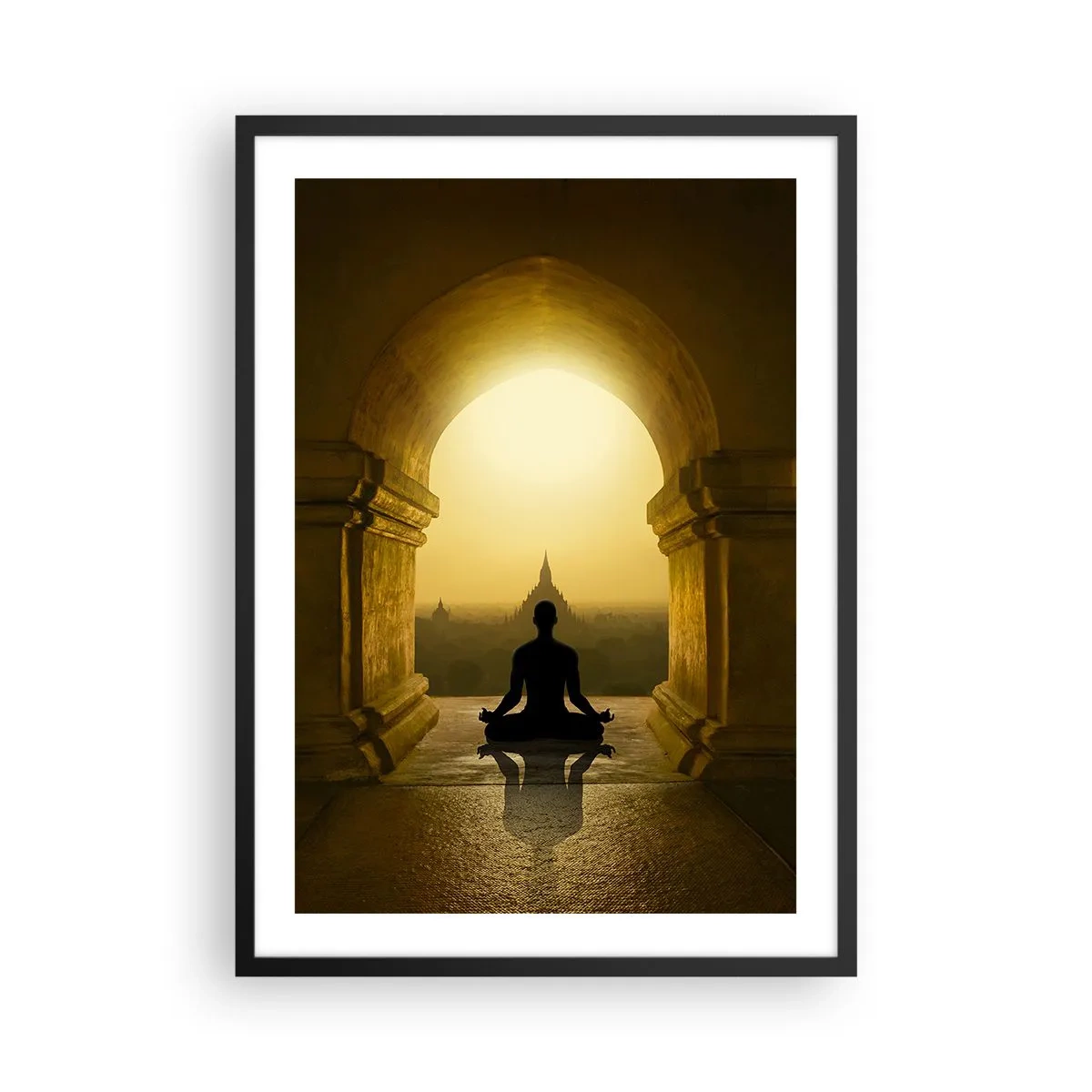 Póster en marco negro - Una figura meditando en el arco de un templo con el sol naciente como telón de fondo. - 50x70cm - Armonía total - Decoración de pared moderna para salón y dormitorio ARTTOR