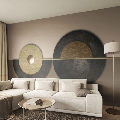Fotomural Premium Sand - Composición geométrica de círculos en dorado y negro. - 100x70cm - Variaciones en torno a un círculo - Decoración de pared moderna para salón y dormitorio ARTTOR