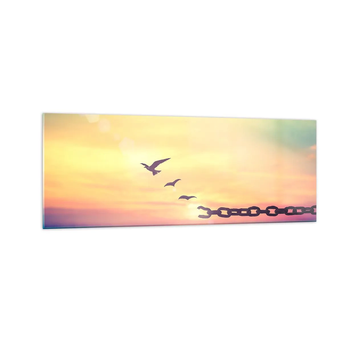 Cuadro sobre vidrio - Impresiones sobre Vidrio - Símbolo de libertad con pájaros y una cadena rota. - 140x50cm - Victoria de la libertad - Decoración de pared moderna para salón y dormitorio ARTTOR