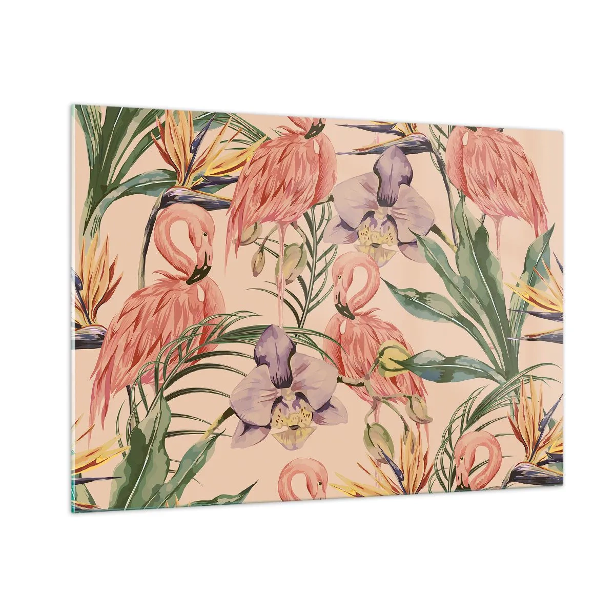Cuadro sobre vidrio - Impresiones sobre Vidrio - Flamencos rodeados de flores y plantas tropicales. - 100x70cm - Un ballet rosa en flores - Decoración de pared moderna para salón y dormitorio ARTTOR