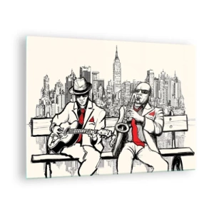 Cuadro sobre vidrio - Impresiones sobre Vidrio - Dos músicos de jazz tocando con el horizonte de la ciudad como telón de fondo. - 70x50cm - Improvisación en Nueva York - Decoración de pared moderna para salón y dormitorio ARTTOR