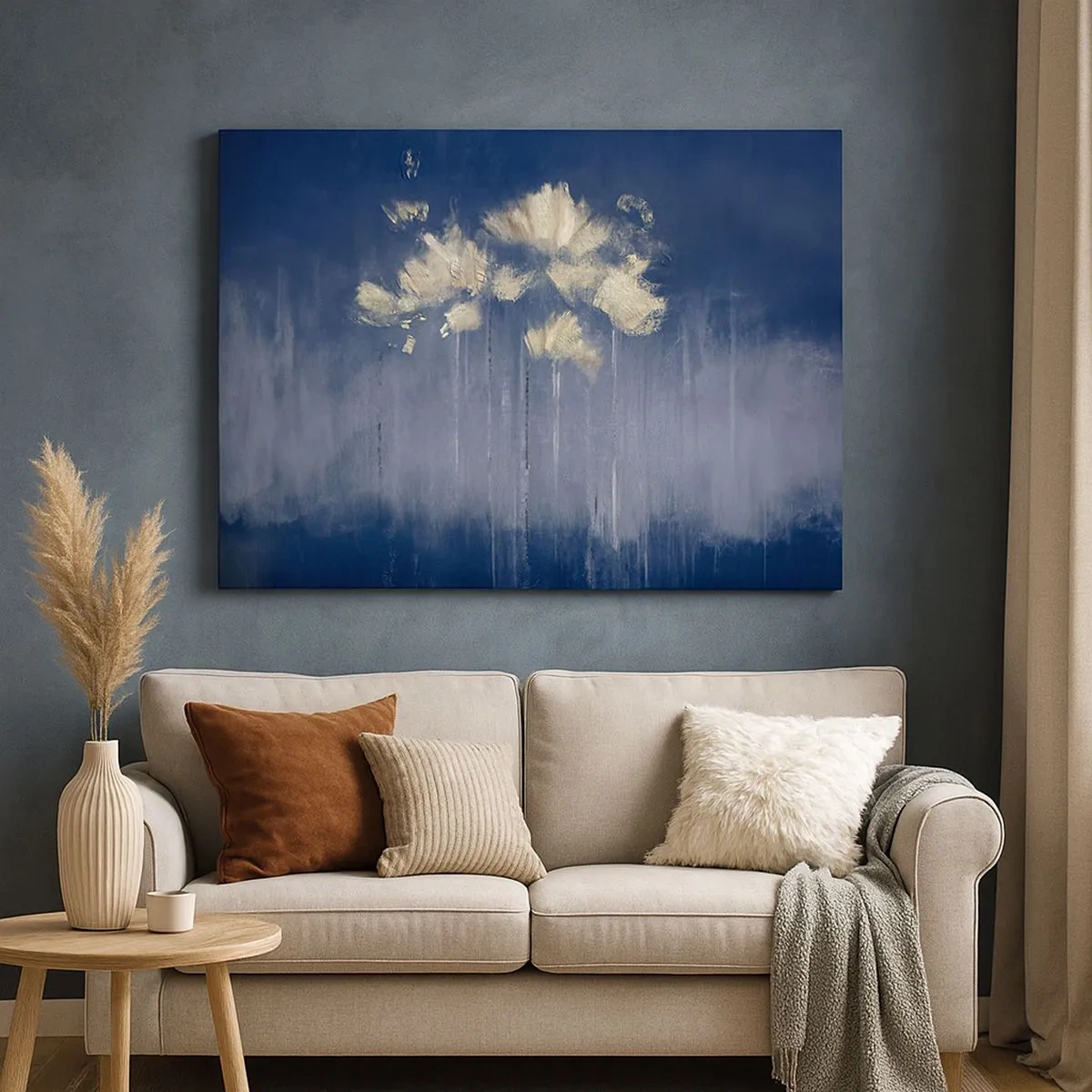 Cuadro sobre lienzo - Impresión de Imagen - Delicadas flores sobre fondo azul. - 70x50cm - Como pétalos al viento - Decoración de pared moderna para salón y dormitorio ARTTOR