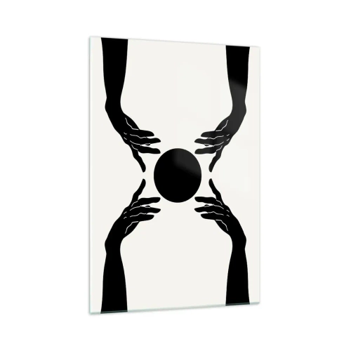 Cuadro sobre vidrio - Impresiones sobre Vidrio - Manos negras en una composición simétrica con una pelota. - 70x100cm - Una señal secreta - Decoración de pared moderna para salón y dormitorio ARTTOR