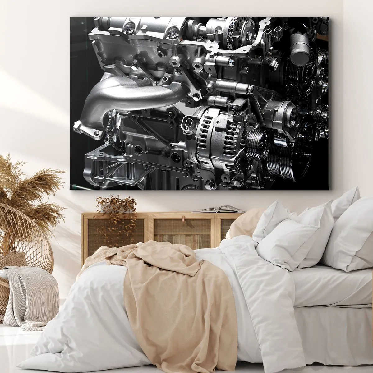 Cuadro sobre lienzo - Impresión de Imagen - Primer plano de piezas metálicas del motor sobre un fondo negro - 120x80cm - Acero, hermoso, fuerte - Decoración de pared moderna para salón y dormitorio ARTTOR