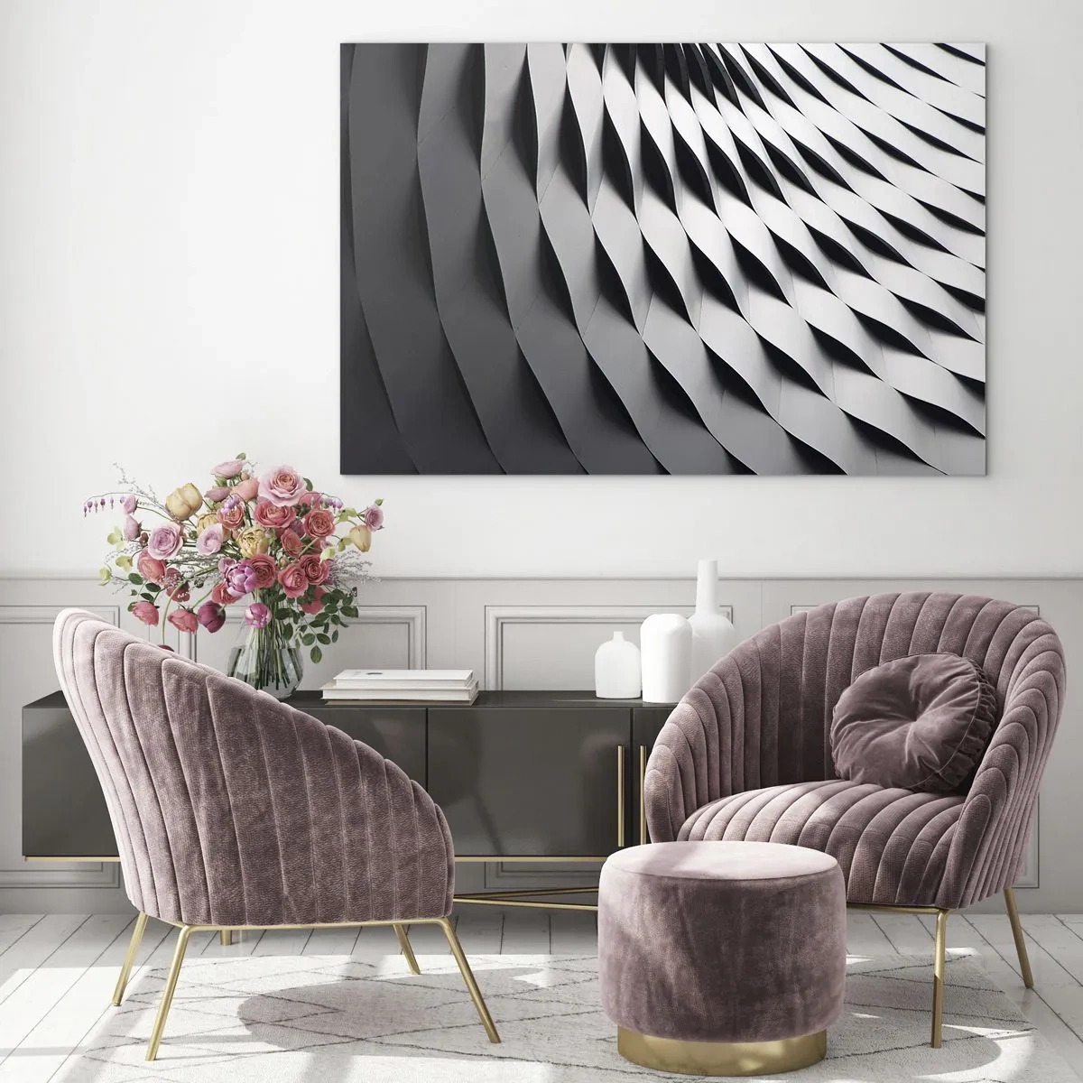 Cuadro sobre vidrio - Impresiones sobre Vidrio - Una estructura abstracta en blanco y negro que se asemeja a formas onduladas. - 120x80cm - En la superficie de las ondas - Decoración de pared moderna para salón y dormitorio ARTTOR