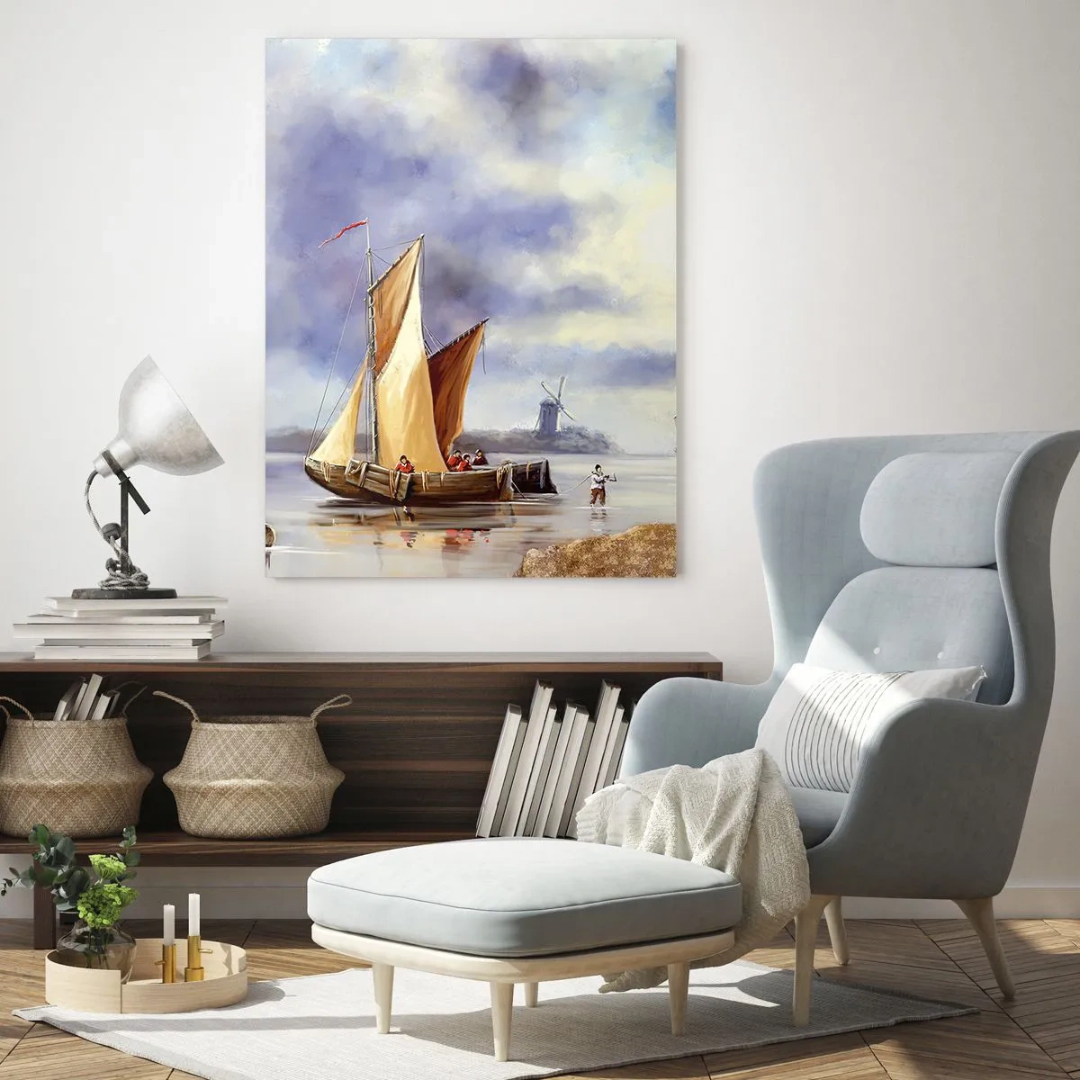 Cuadro sobre vidrio - Impresiones sobre Vidrio - Veleros en aguas tranquilas con molinos de viento al fondo - 80x120cm - El regreso de los marineros - Decoración de pared moderna para salón y dormitorio ARTTOR