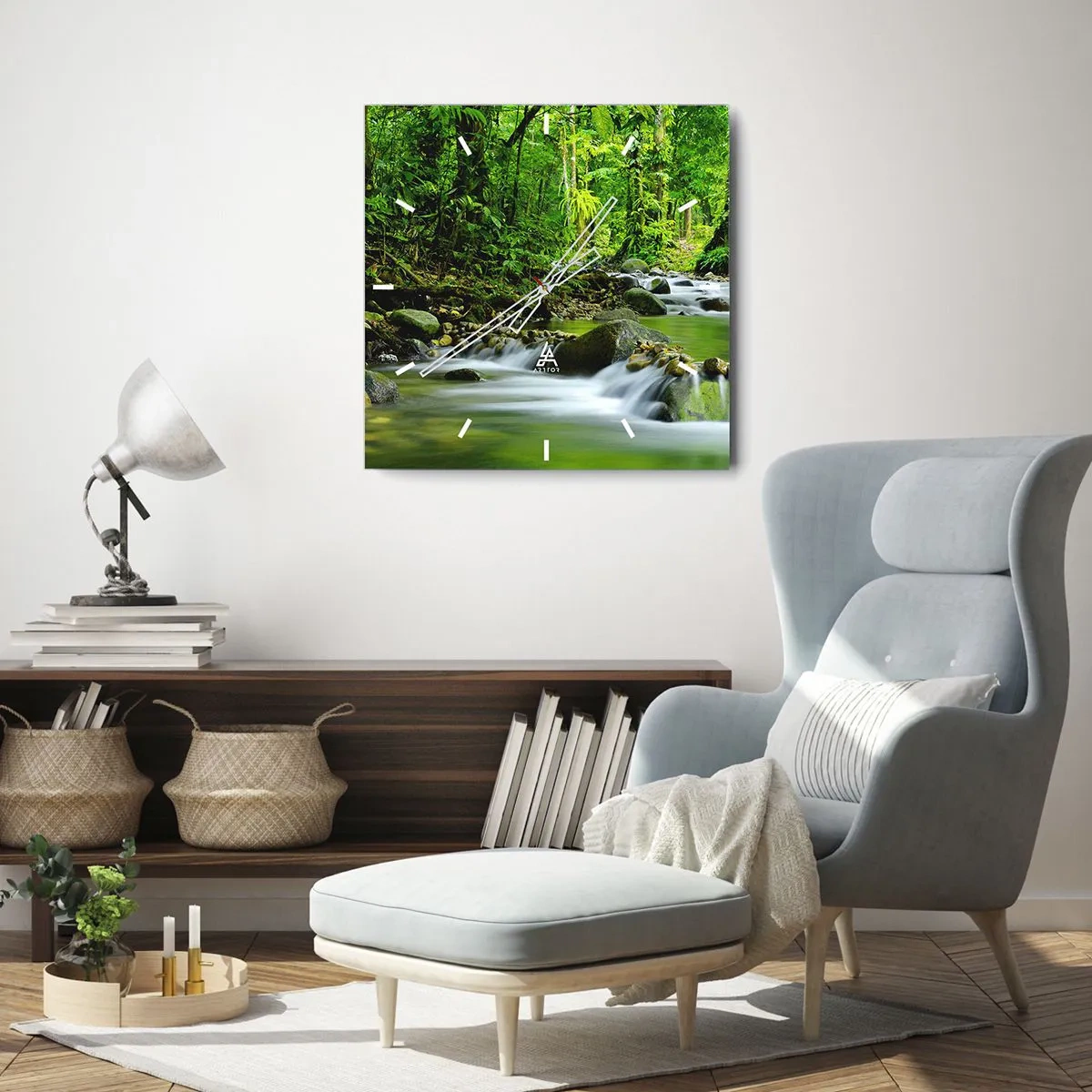 Reloj de pared - Reloj de vidrio - Un arroyo en un exuberante bosque tropical. - 30x30cm - Flotar en un mar de verde - Decoración de pared moderna para salón y dormitorio ARTTOR