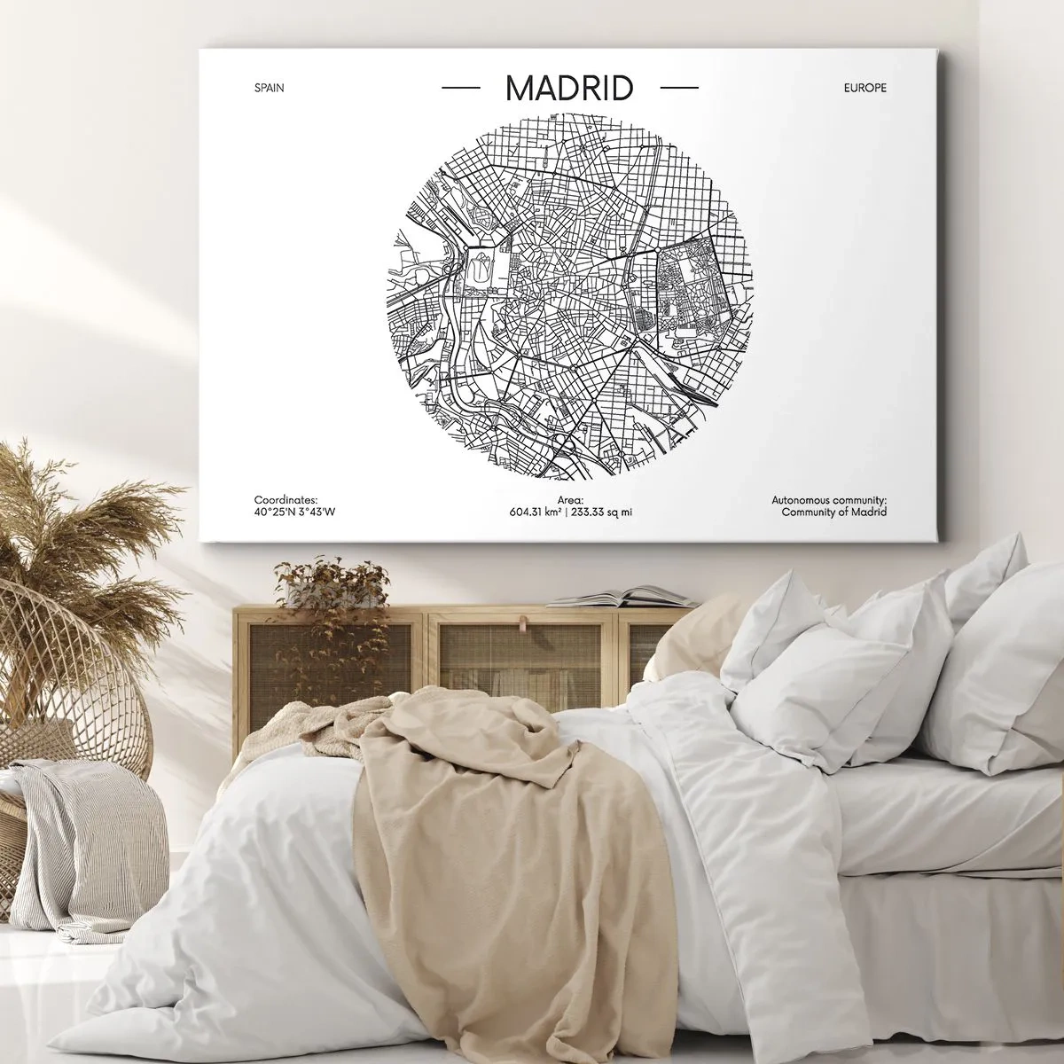 Cuadro sobre lienzo - Impresión de Imagen - Mapa de Madrid en estilo minimalista en blanco y negro - 120x80cm - Anatomía de Madrid - Decoración de pared moderna para salón y dormitorio ARTTOR