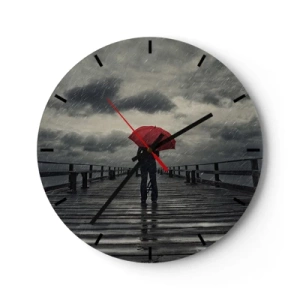 Reloj de pared - Reloj de vidrio - Una persona con un paraguas rojo en un muelle en un día lluvioso. - 30x30cm - No importa que llueva - Decoración de pared moderna para salón, cocina y dormitorio ARTTOR