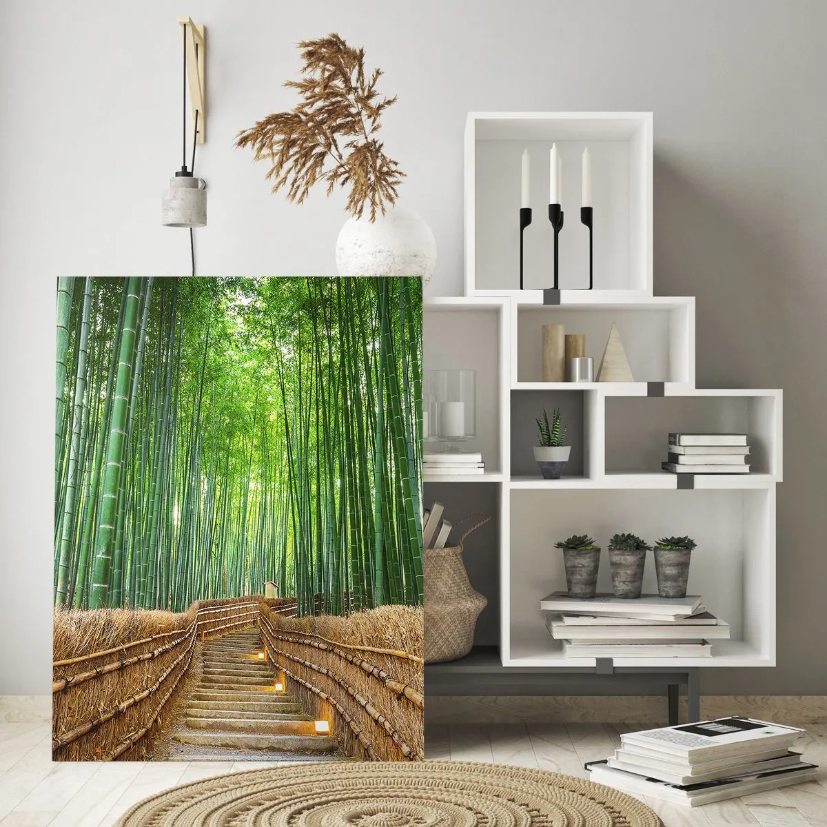 Cuadro sobre vidrio - Impresiones sobre Vidrio - Un camino en el bosque de bambú que conduce a través de las escaleras. - 50x70cm - La esencia de la naturaleza asiática - Decoración de pared moderna para salón y dormitorio ARTTOR