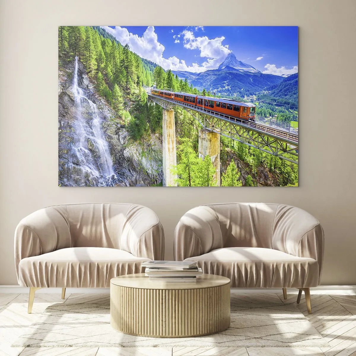 Cuadro sobre vidrio - Impresiones sobre Vidrio - Tren alpino sobre un puente con vistas a una cascada - 70x50cm - Ferrocarril a los Alpes - Decoración de pared moderna para salón y dormitorio ARTTOR