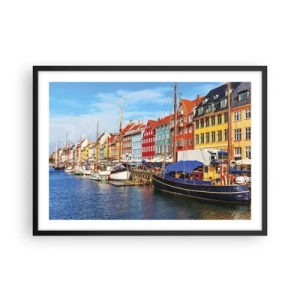 Póster en marco negro - Casas coloridas en el canal con barcos al sol - 70x50cm - Muelle alegre - Decoración de pared moderna para salón y dormitorio ARTTOR
